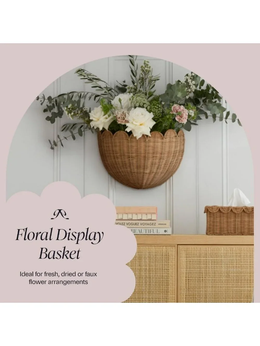Scalloped Wicker Wall Basket - Decorative Storage Organizer - 16x10x7 Inches
